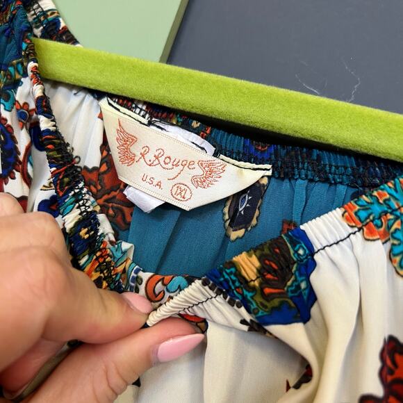 R. Rouge Paisley Turquoise + Ivory Off Shoulder Bubble Sleeve Blouse 1XL - Picture 3 of 3